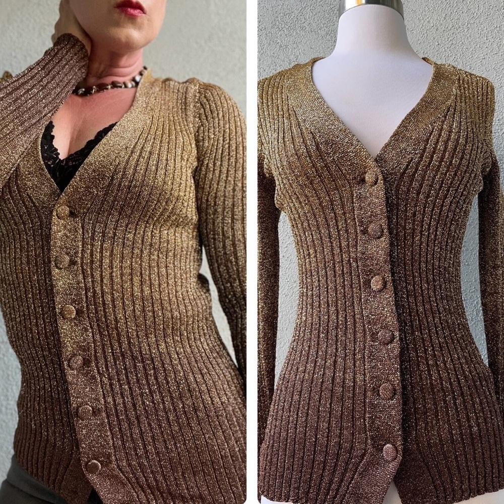 Vintage Gino Paoli Bronze Gold Ombré Ribbed Cardigan Sweater Sz S Italy